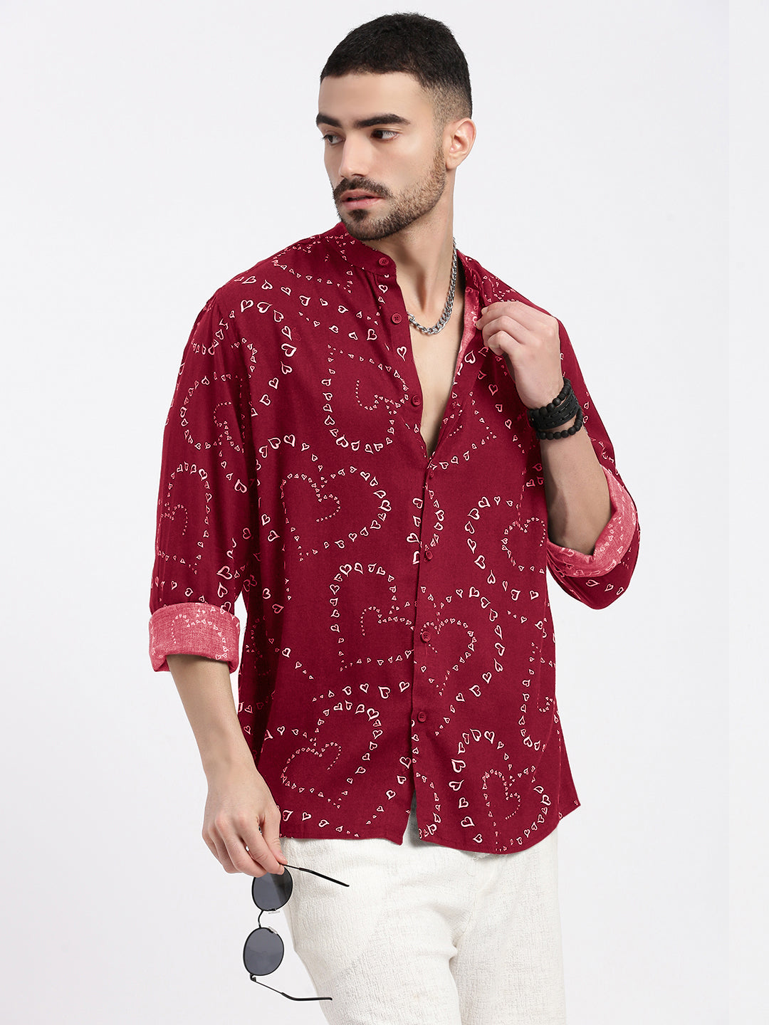 Men's Graphic Printed Red Mandarin Collar Slim Fit Shirt