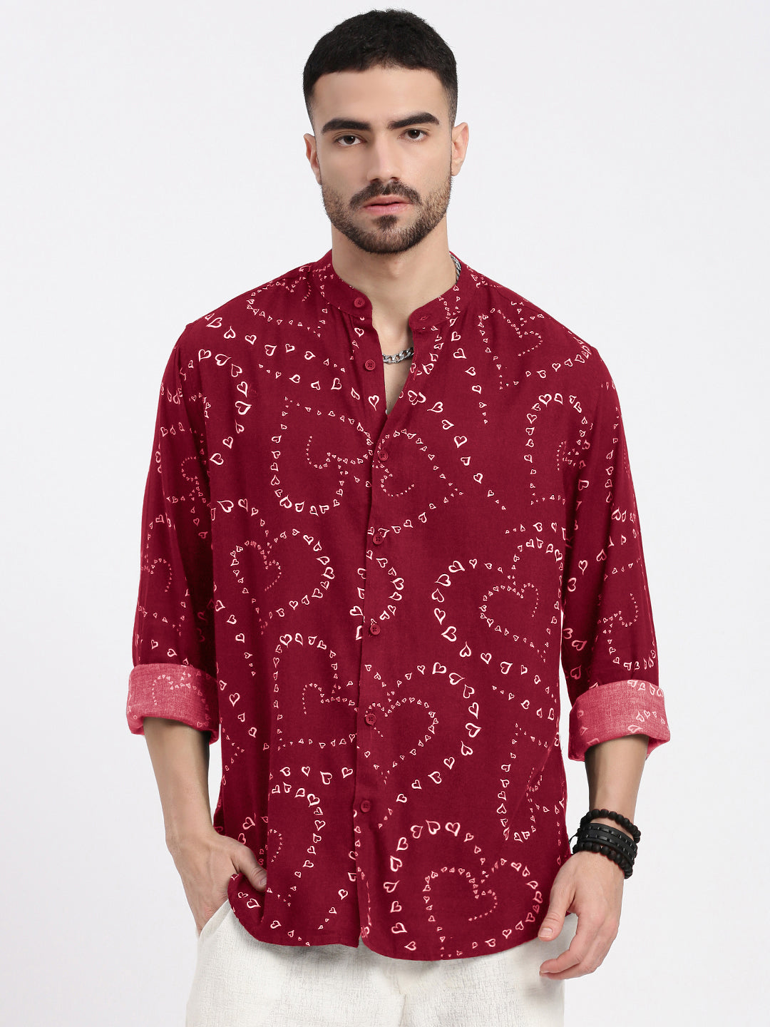 Men's Graphic Printed Red Mandarin Collar Slim Fit Shirt