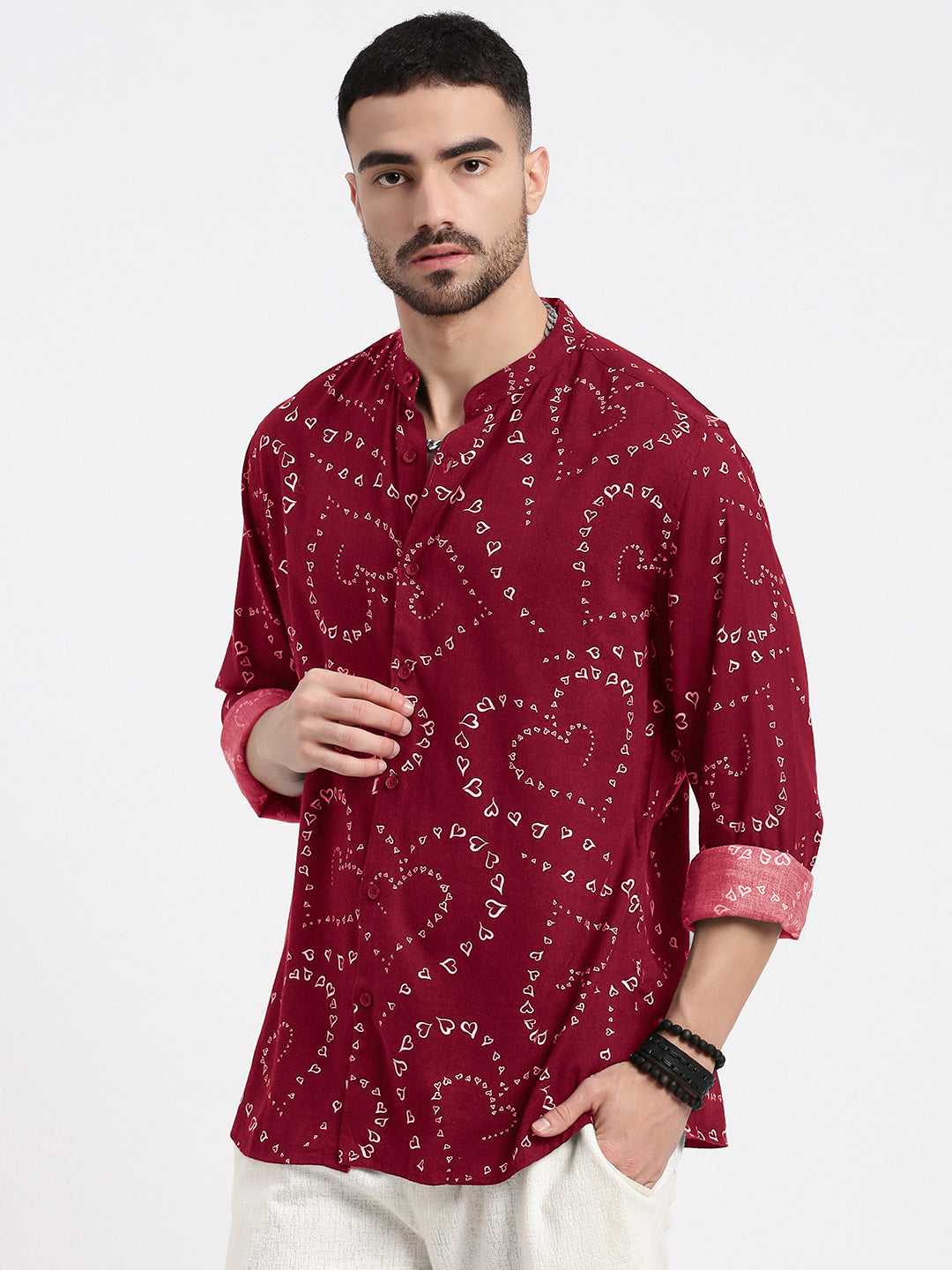 Men's Graphic Printed Red Mandarin Collar Slim Fit Shirt