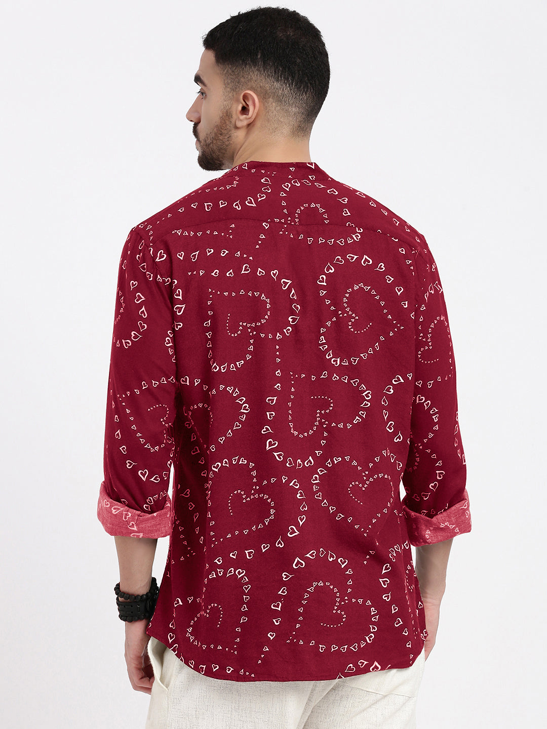 Men's Graphic Printed Red Mandarin Collar Slim Fit Shirt