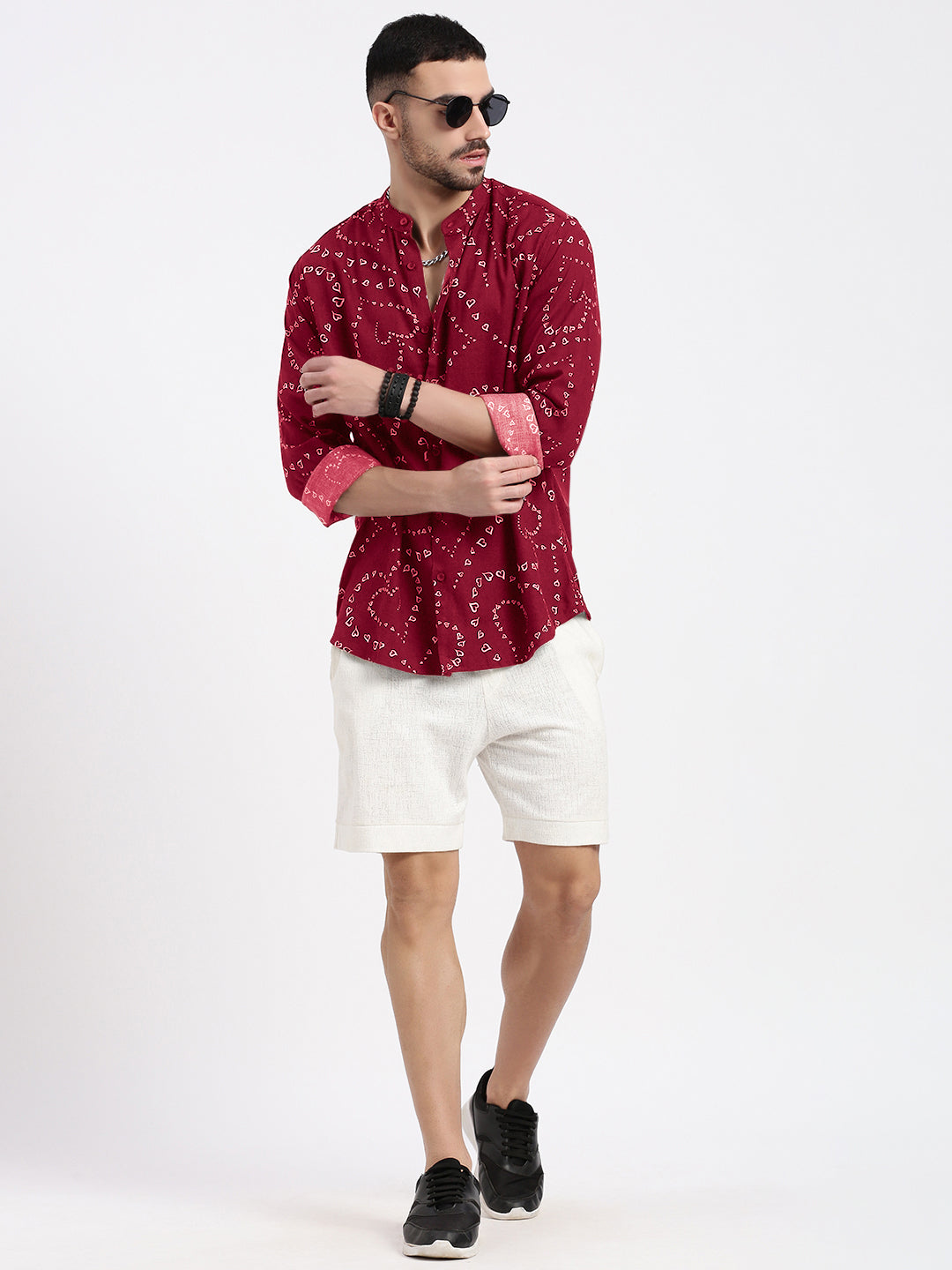 Men's Graphic Printed Red Mandarin Collar Slim Fit Shirt