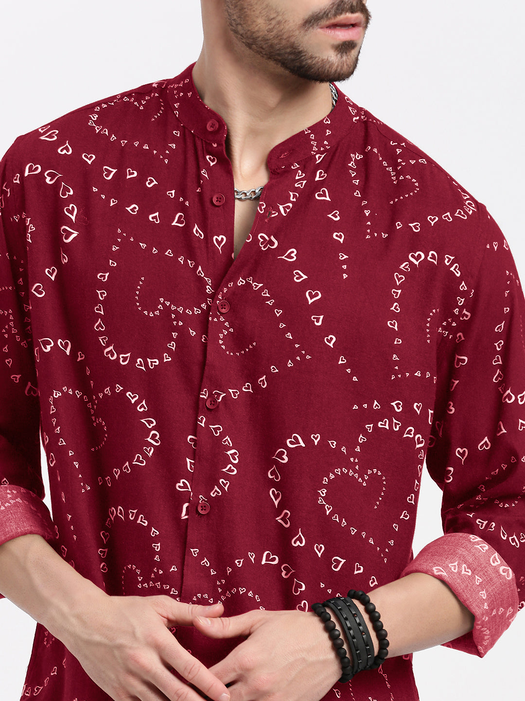 Men's Graphic Printed Red Mandarin Collar Slim Fit Shirt