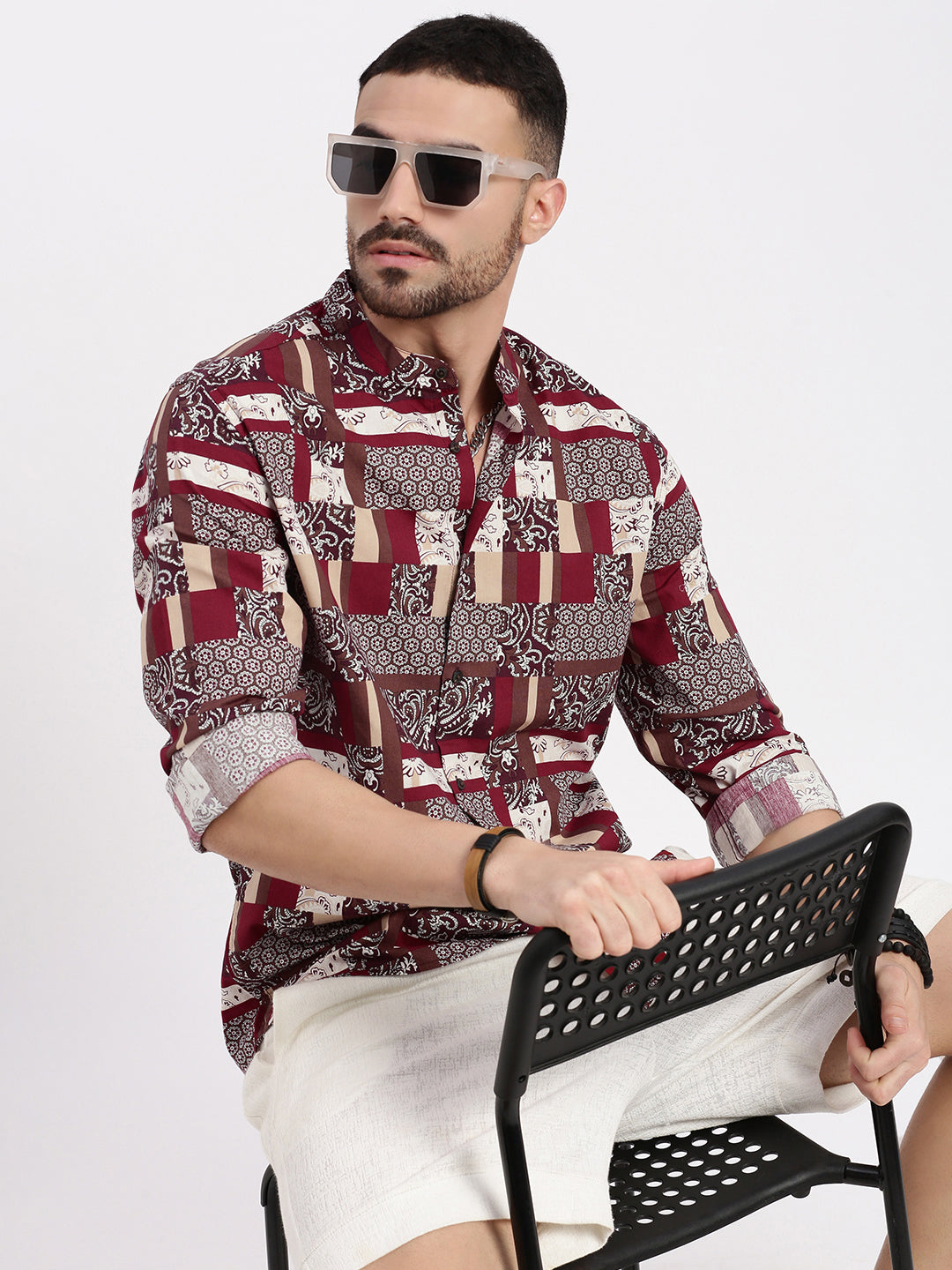 Men Maroon Printed Slim Fit Shirt