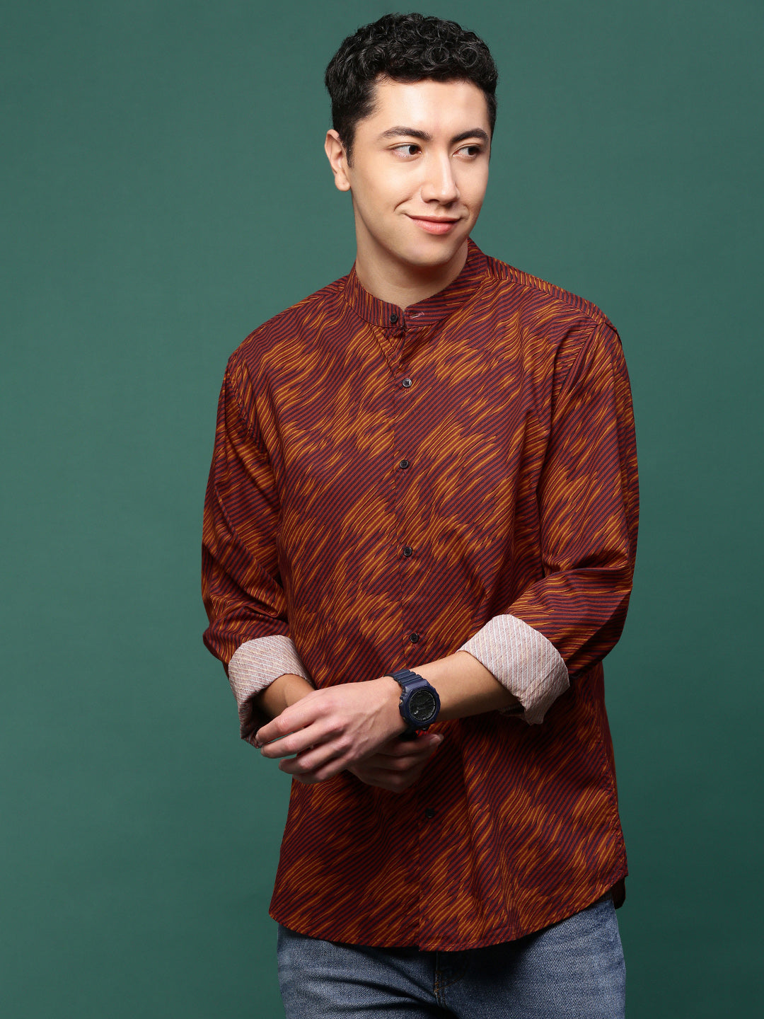 Men Rust Abstract Slim Fit Shirt