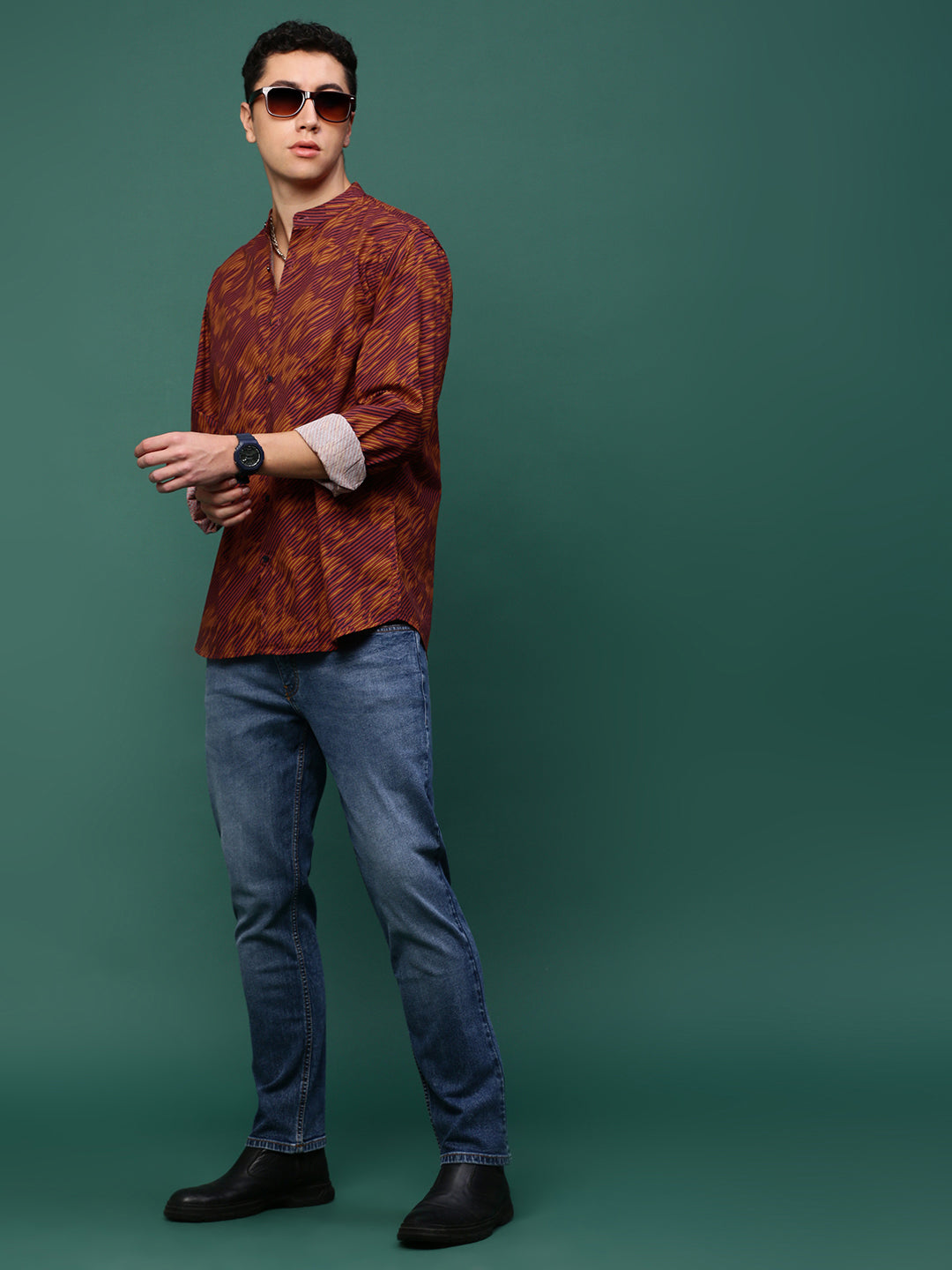 Men Rust Abstract Slim Fit Shirt