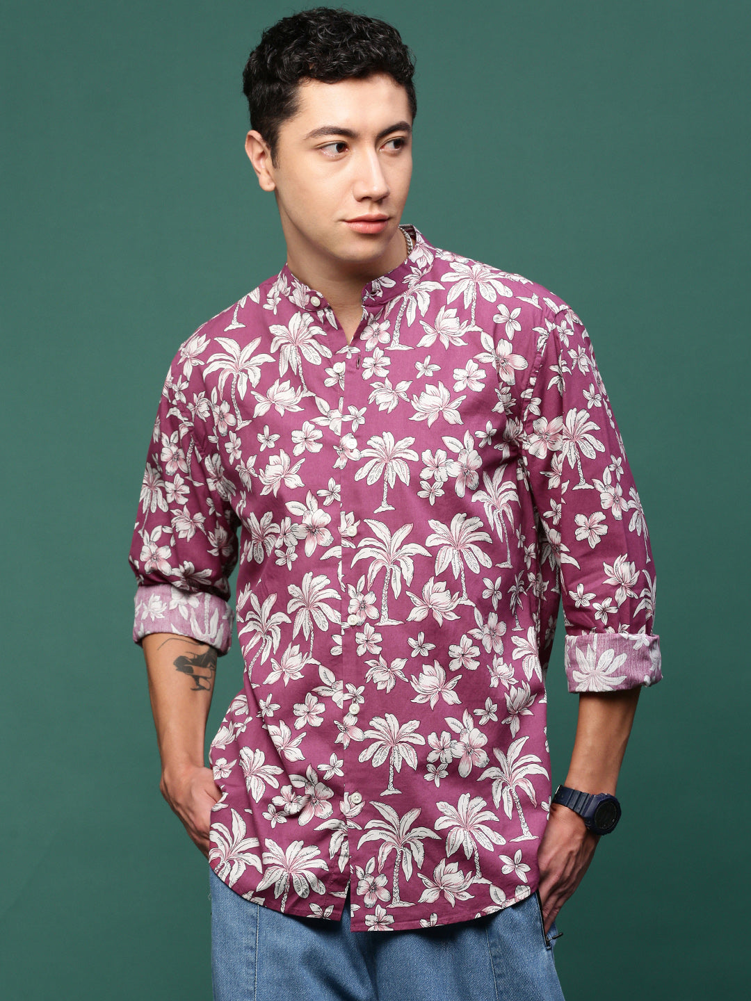 Men Pink Floral Slim Fit Shirt