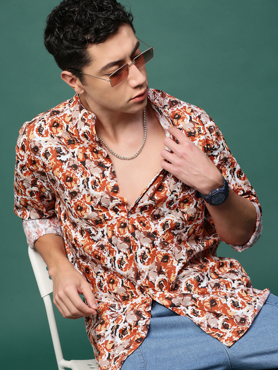 Men Orange Floral Slim Fit Shirt