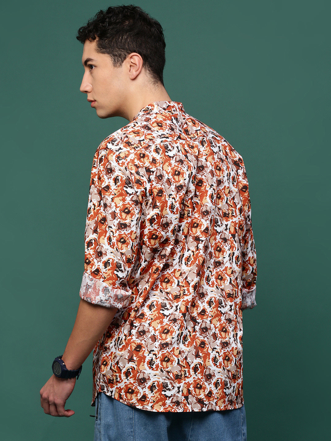 Men Orange Floral Slim Fit Shirt