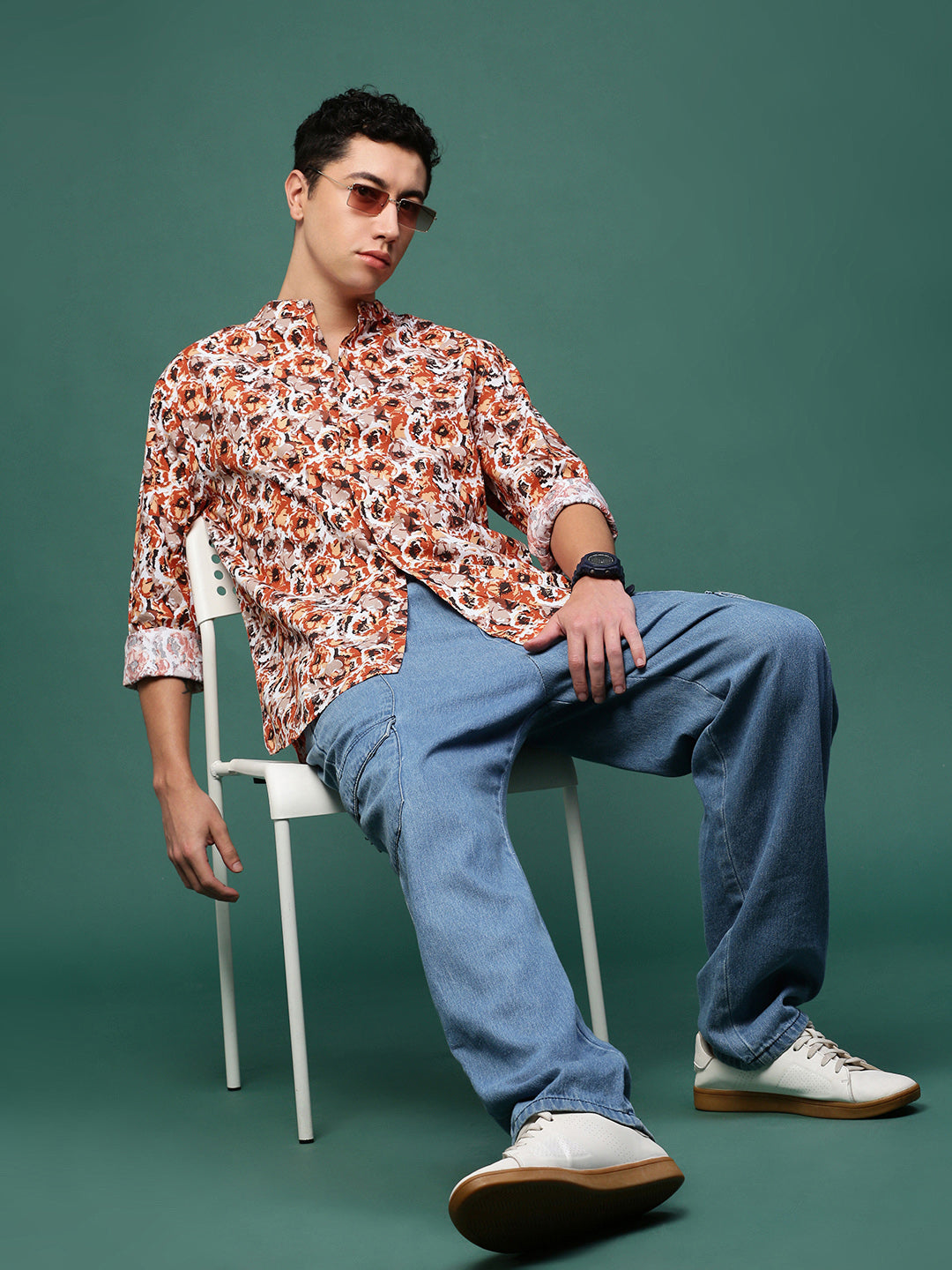 Men Orange Floral Slim Fit Shirt