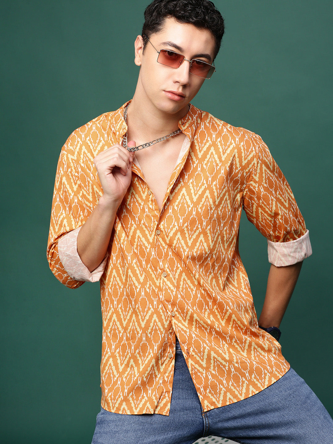 Men Orange Geometric Slim Fit Shirt