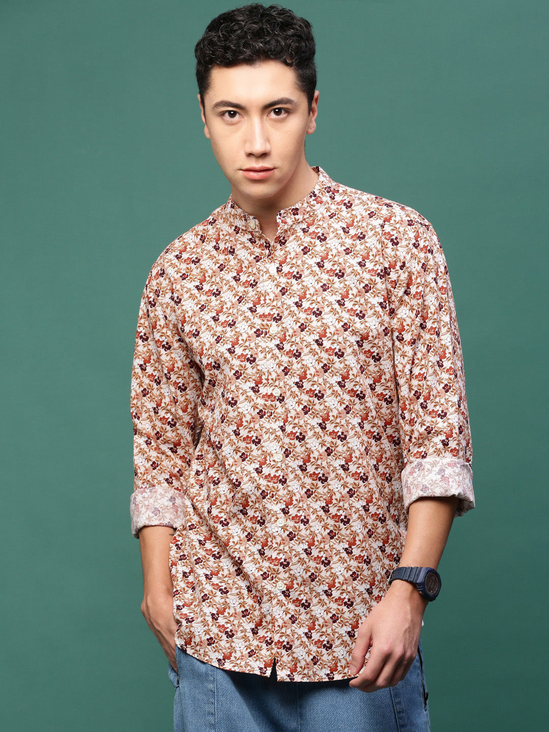 Men Brown Floral Slim Fit Shirt