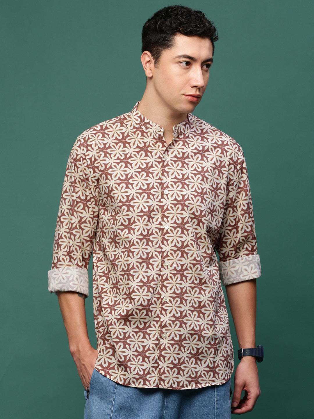 Men Brown Floral Slim Fit Shirt