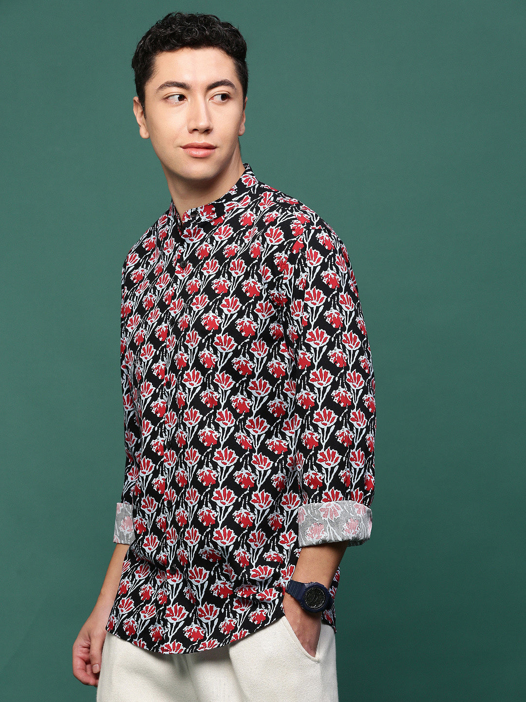 Men Black Floral Slim Fit Shirt