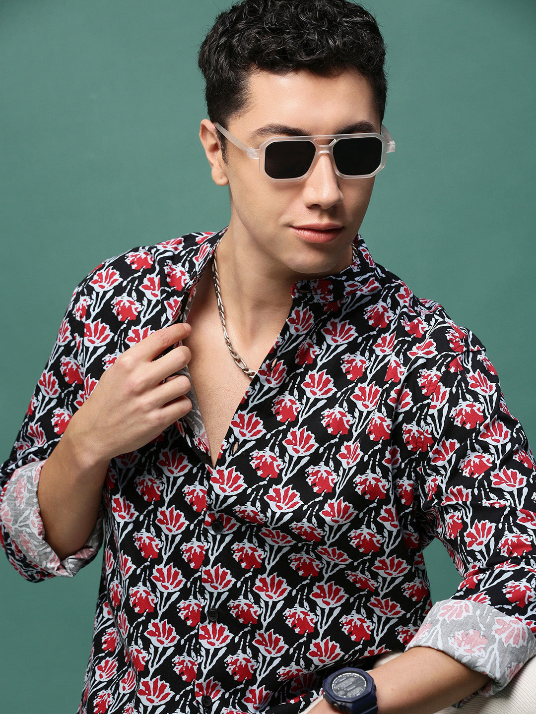 Men Black Floral Slim Fit Shirt