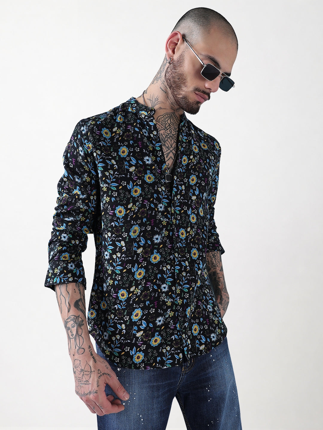 Men's Black Floral Mandarin Collar Slim Fit Shirt