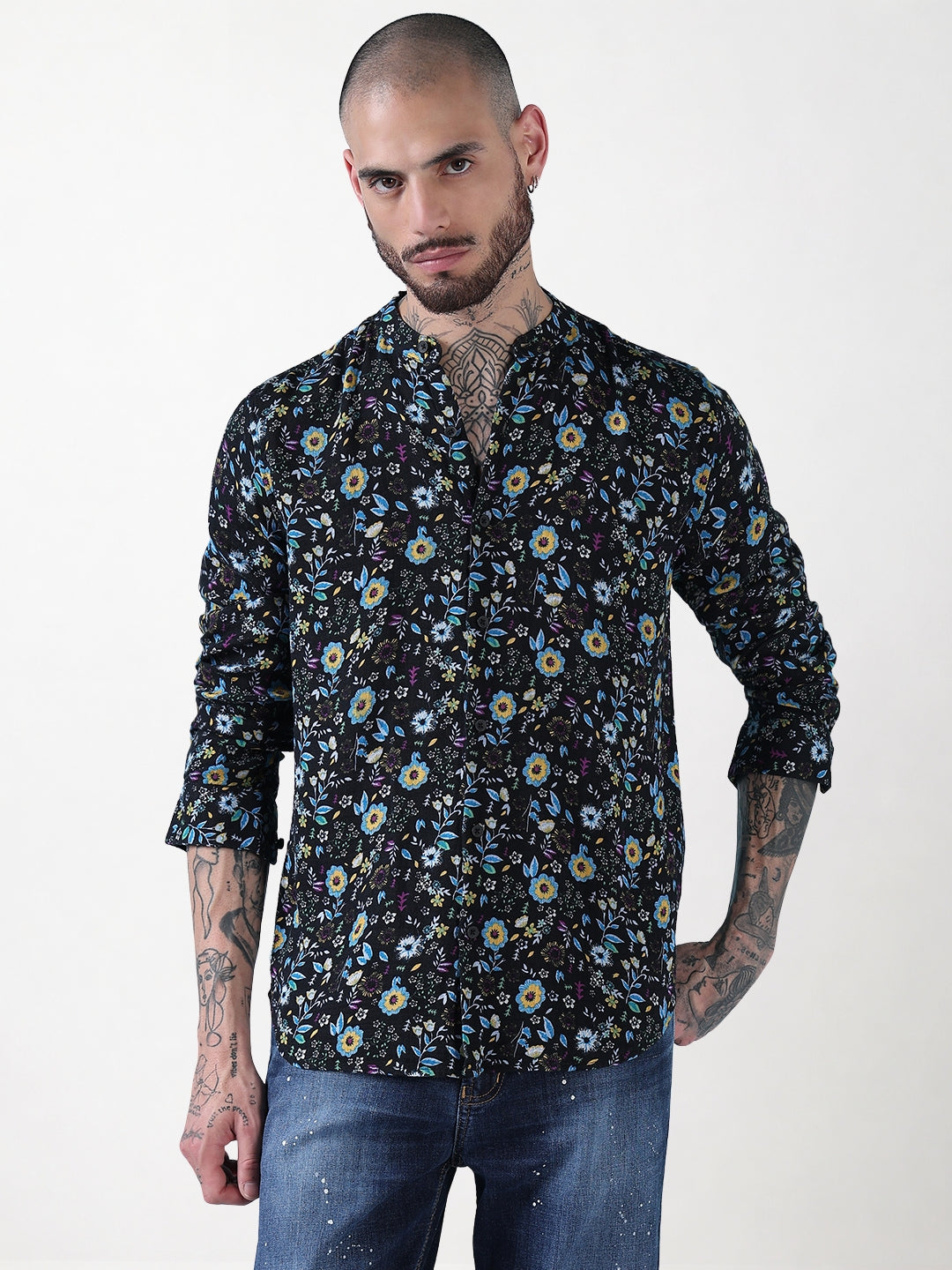Men's Black Floral Mandarin Collar Slim Fit Shirt