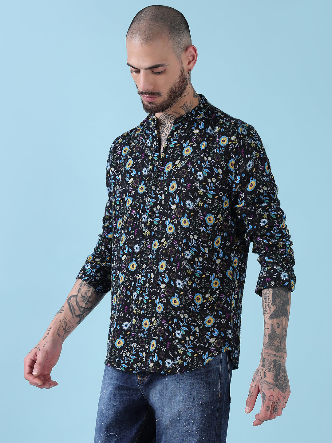 Men's Black Floral Mandarin Collar Slim Fit Shirt