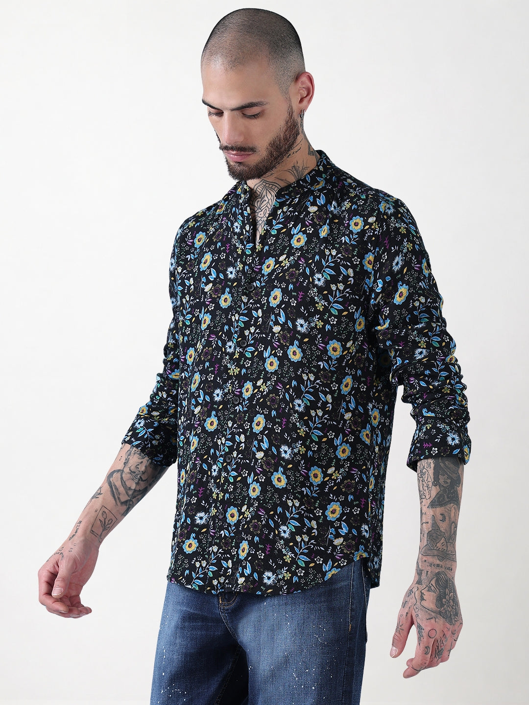 Men's Black Floral Mandarin Collar Slim Fit Shirt