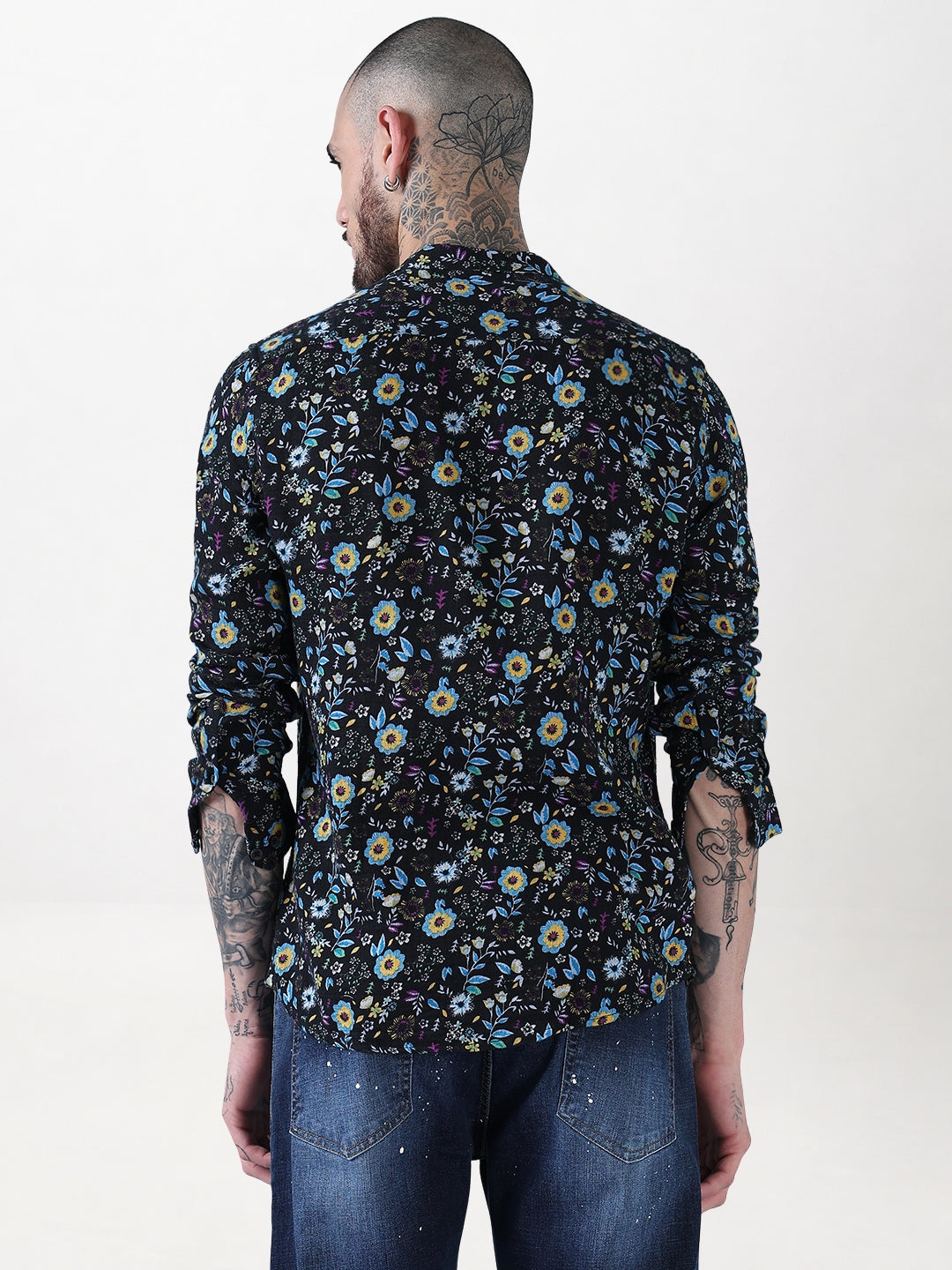 Men's Black Floral Mandarin Collar Slim Fit Shirt