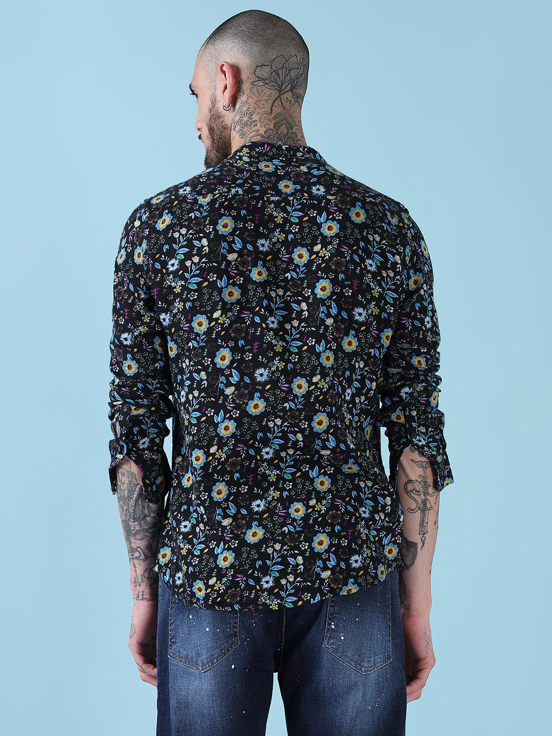 Men's Black Floral Mandarin Collar Slim Fit Shirt