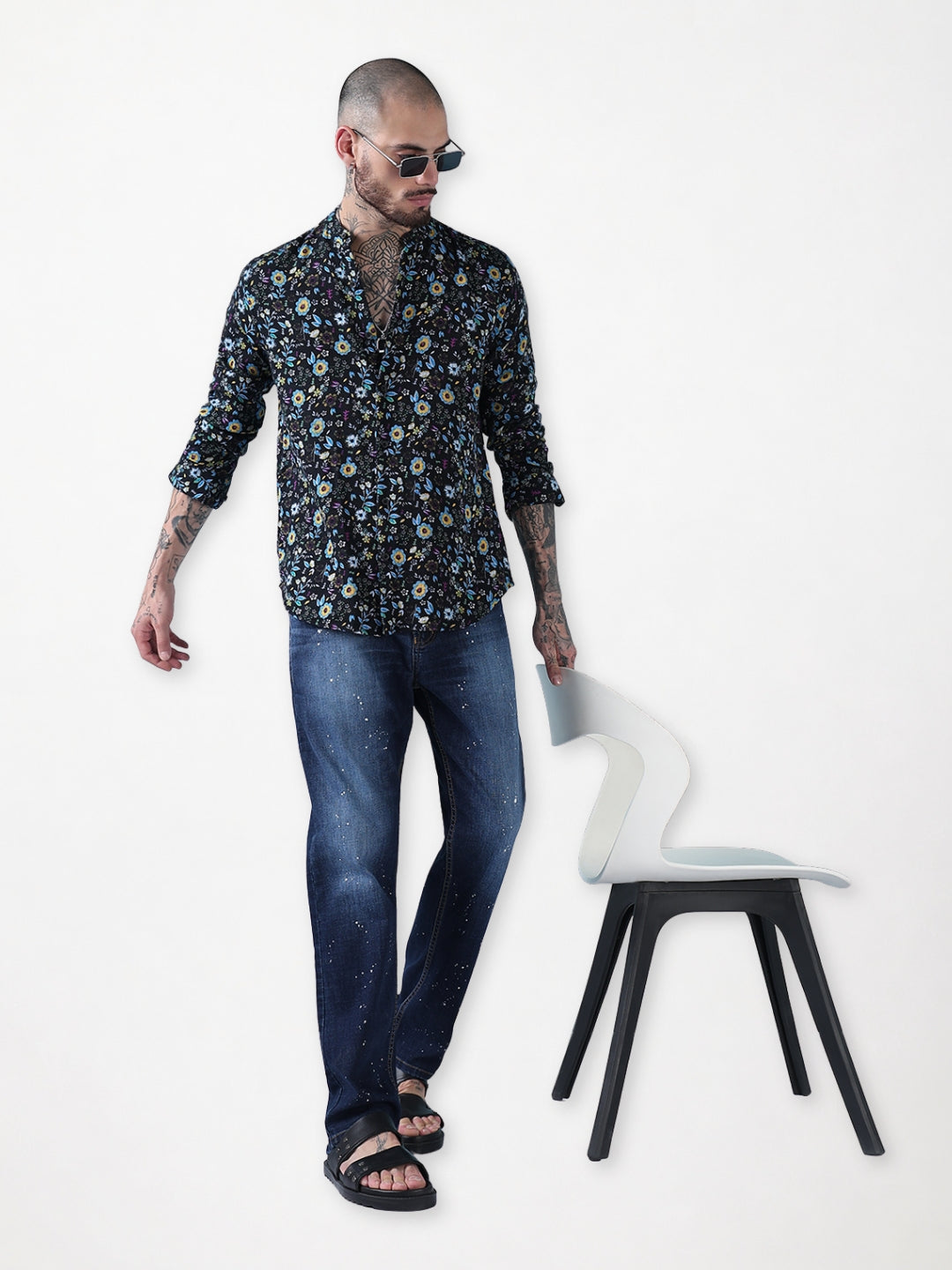 Men's Black Floral Mandarin Collar Slim Fit Shirt