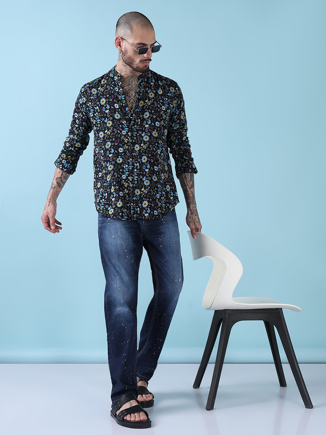 Men's Black Floral Mandarin Collar Slim Fit Shirt