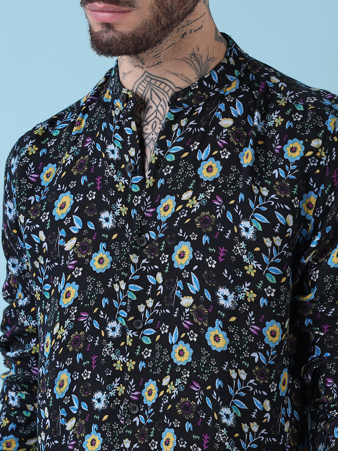 Men's Black Floral Mandarin Collar Slim Fit Shirt
