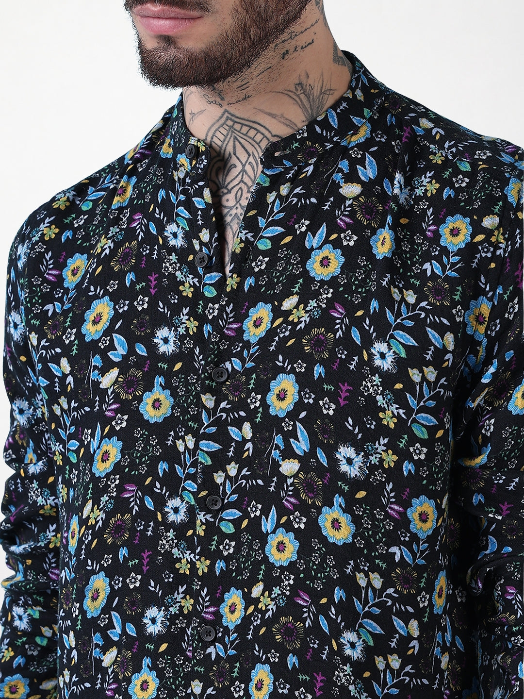 Men's Black Floral Mandarin Collar Slim Fit Shirt