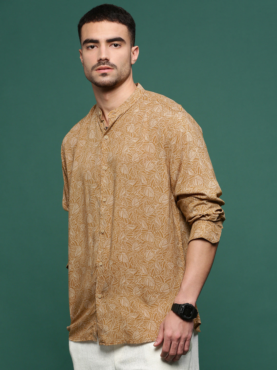 Men Mustard Floral Slim Fit Shirt