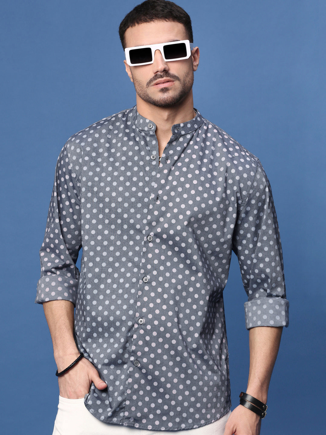 Men Grey Polka Dots Slim Fit Shirt