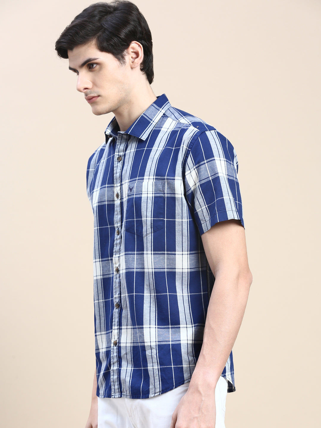 Men Spread Collar Checked Blue Shirt