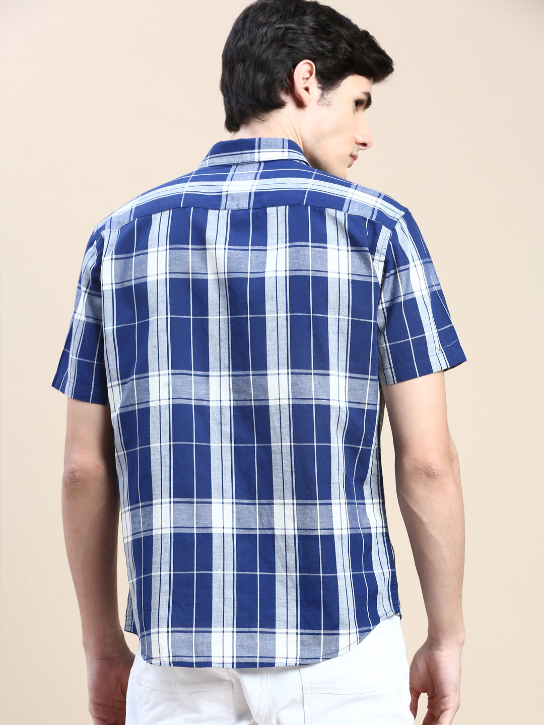 Men Spread Collar Checked Blue Shirt