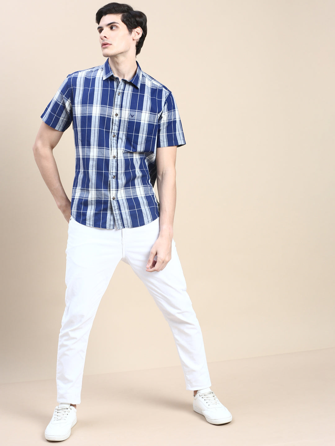 Men Spread Collar Checked Blue Shirt