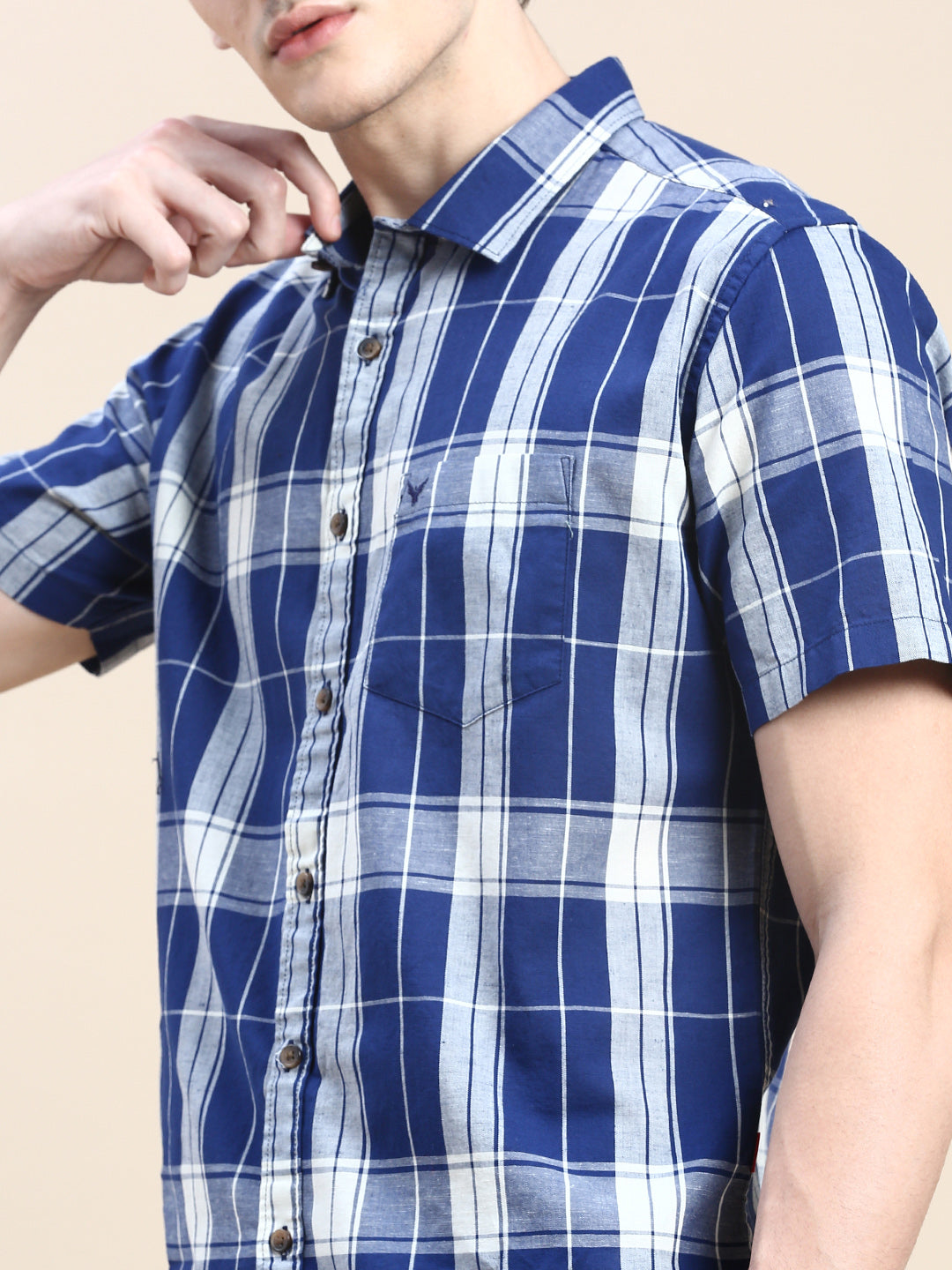 Men Spread Collar Checked Blue Shirt