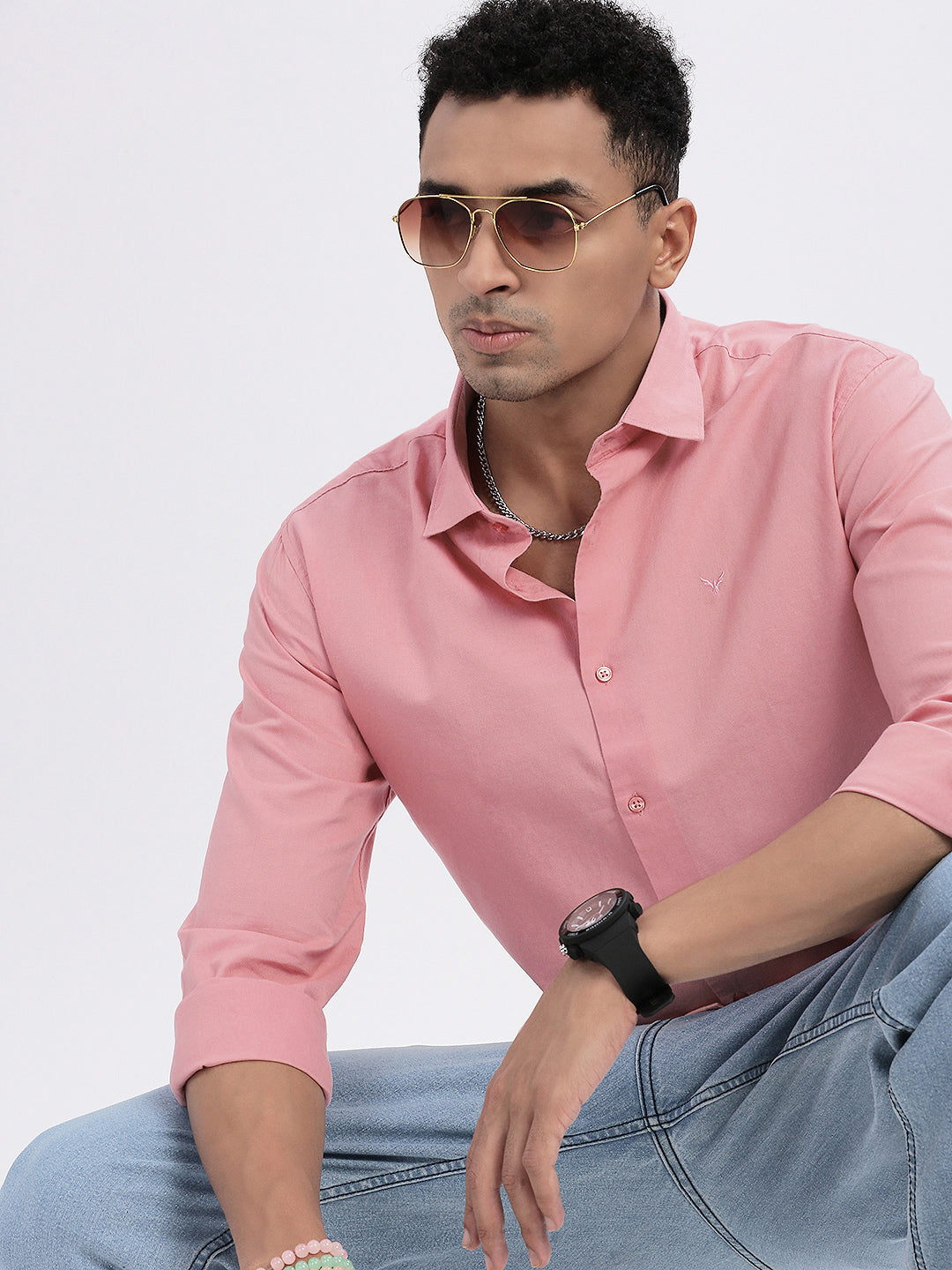 Men Peach Solid Slim Fit Shirt