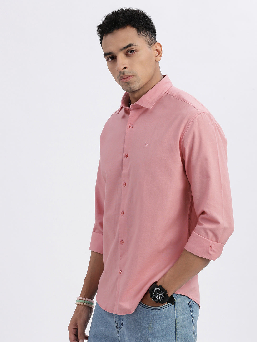 Men Peach Solid Slim Fit Shirt