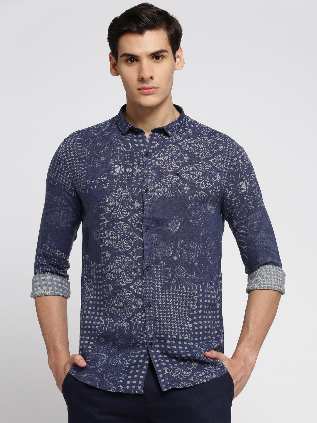 Men Blue Spread Collar Ethnic Motifs Shirt