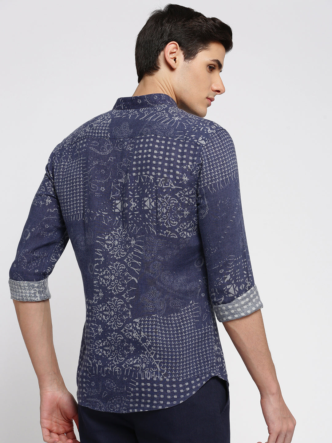 Men Blue Spread Collar Ethnic Motifs Shirt