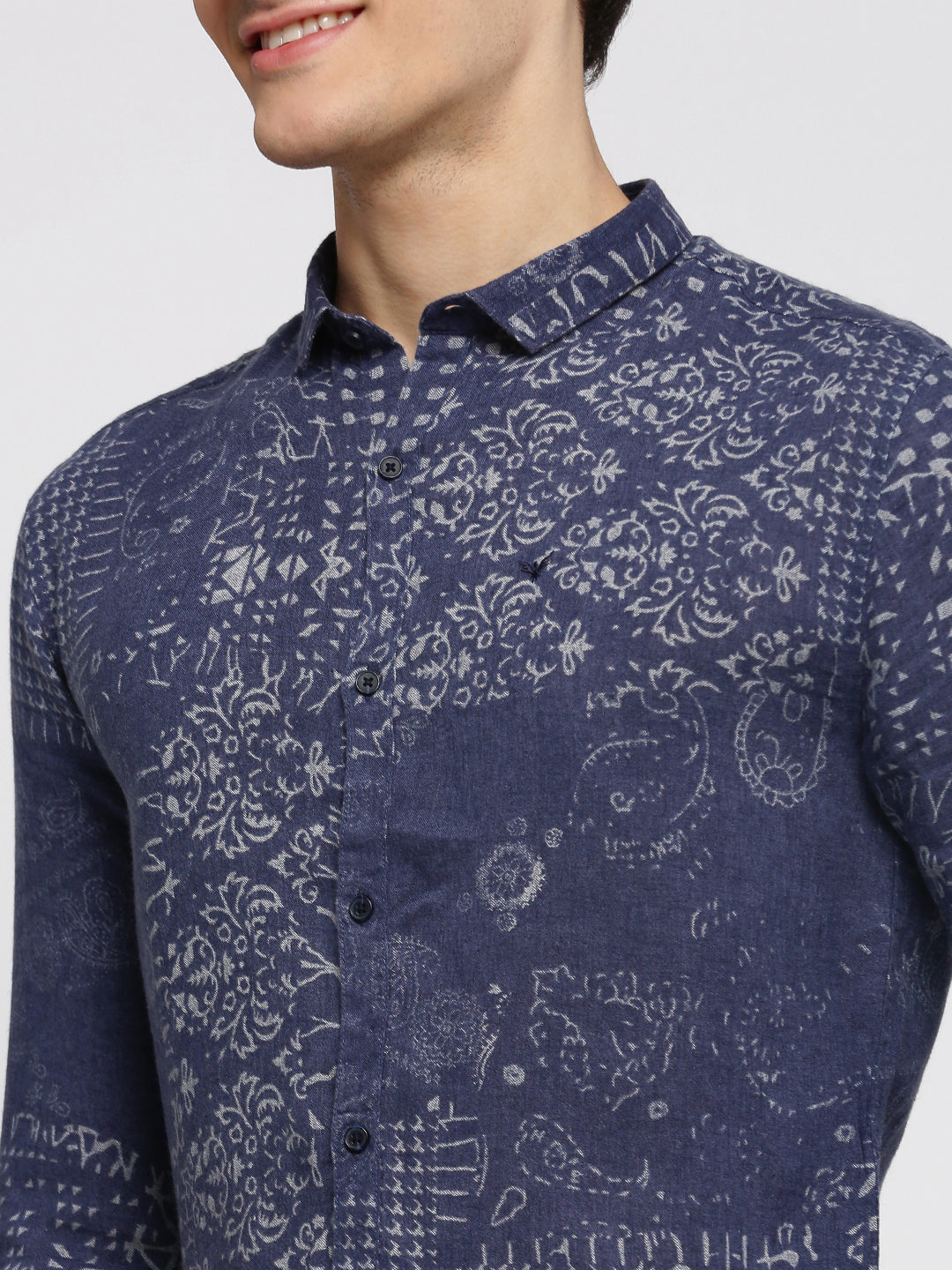 Men Blue Spread Collar Ethnic Motifs Shirt