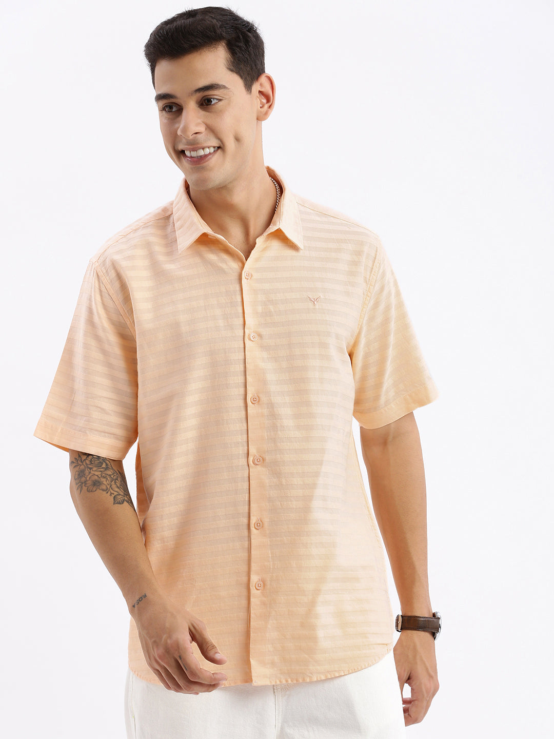 Men Spread Collar Solid Slim Fit Peach Shirt