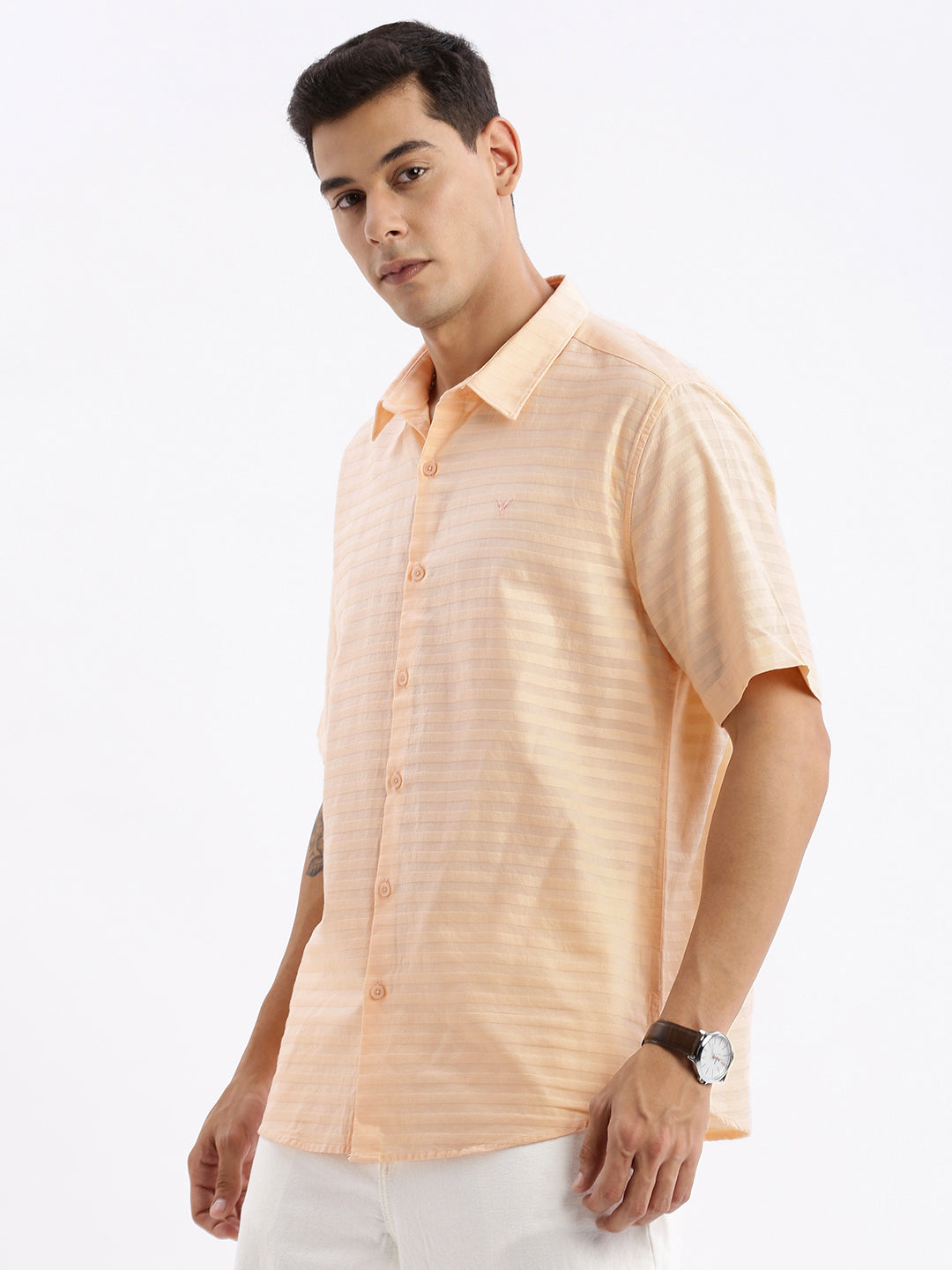 Men Spread Collar Solid Slim Fit Peach Shirt