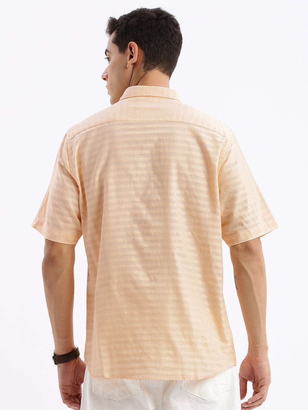 Men Spread Collar Solid Slim Fit Peach Shirt