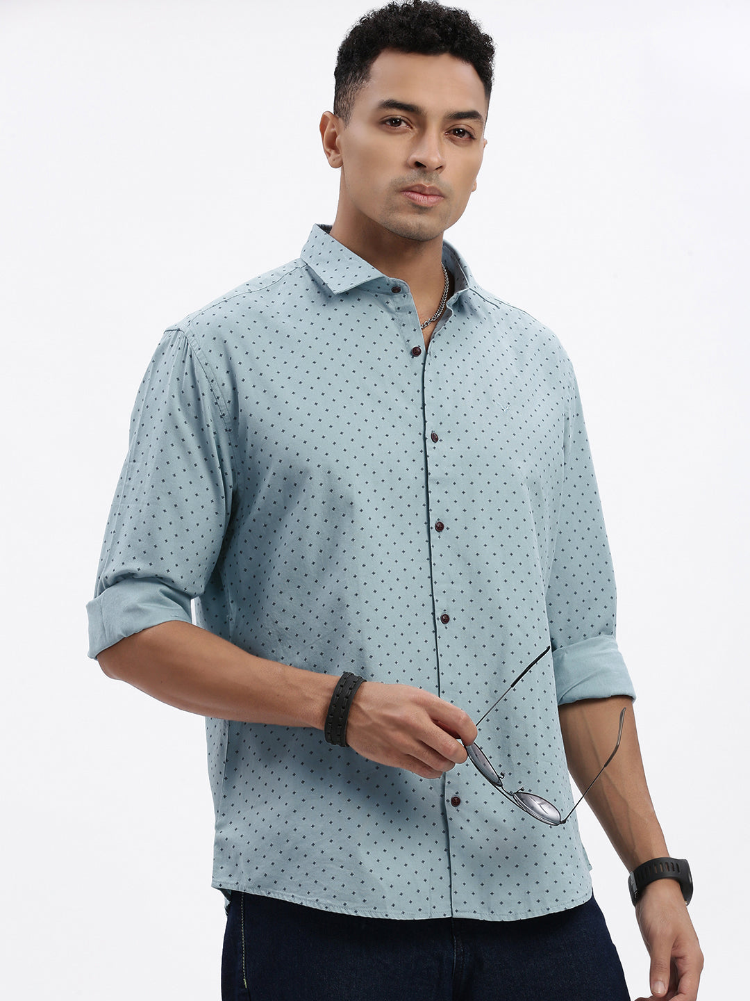 Men Blue Micro Print Slim Fit Shirt