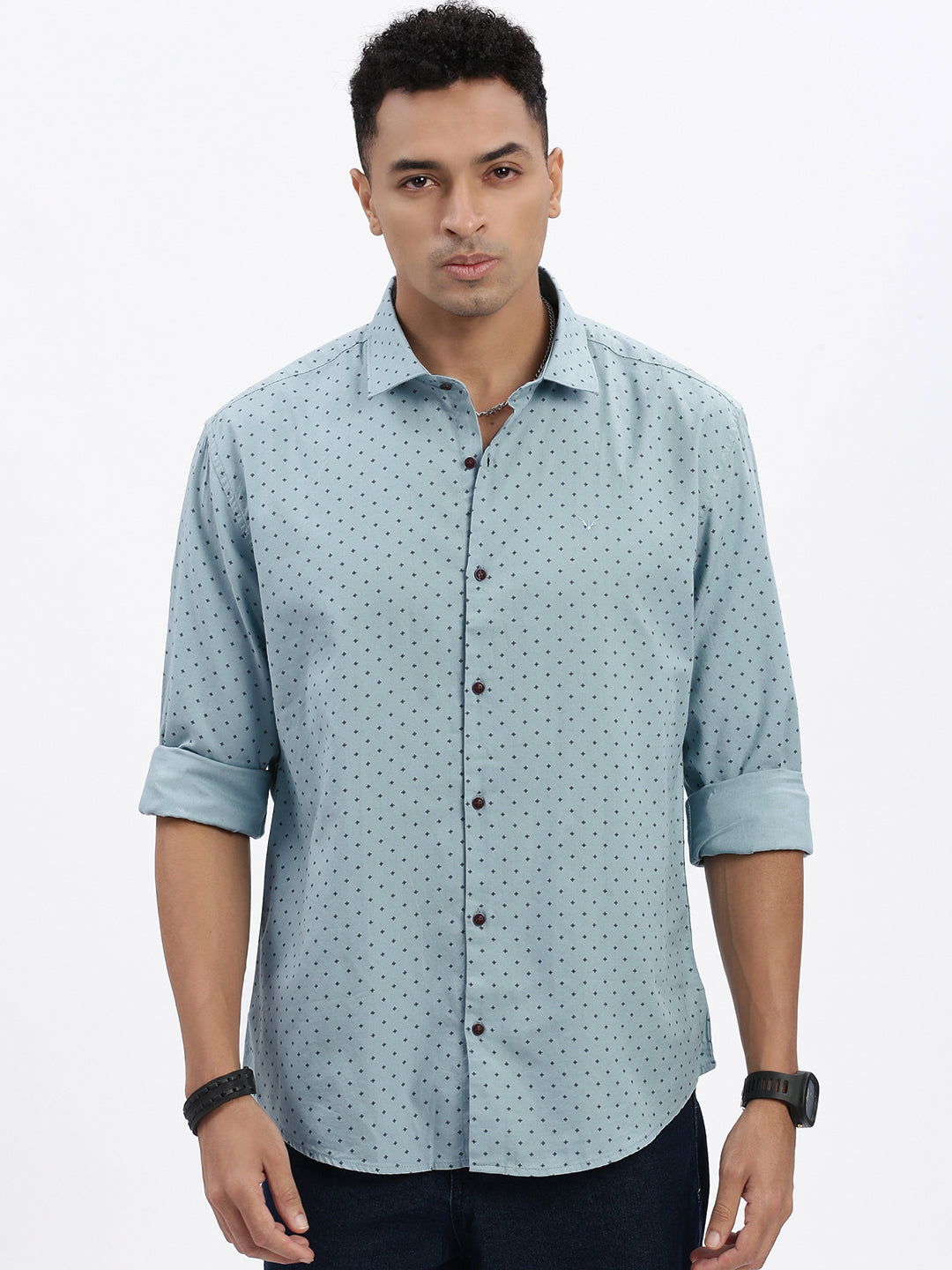 Men Blue Micro Print Slim Fit Shirt