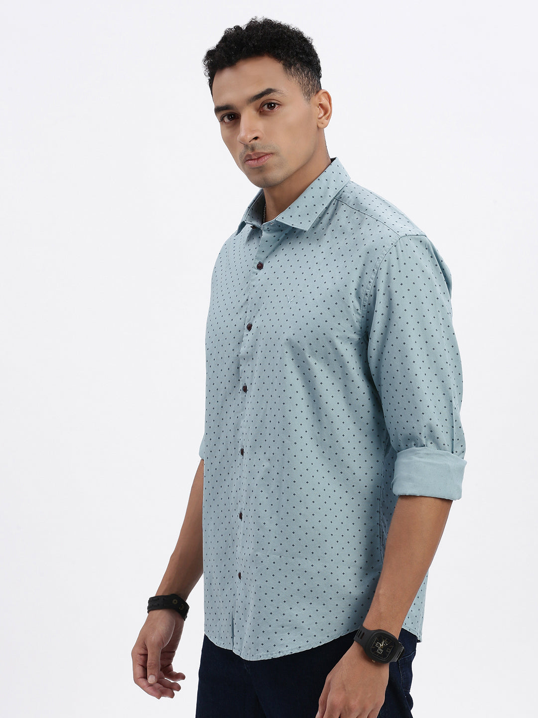 Men Blue Micro Print Slim Fit Shirt