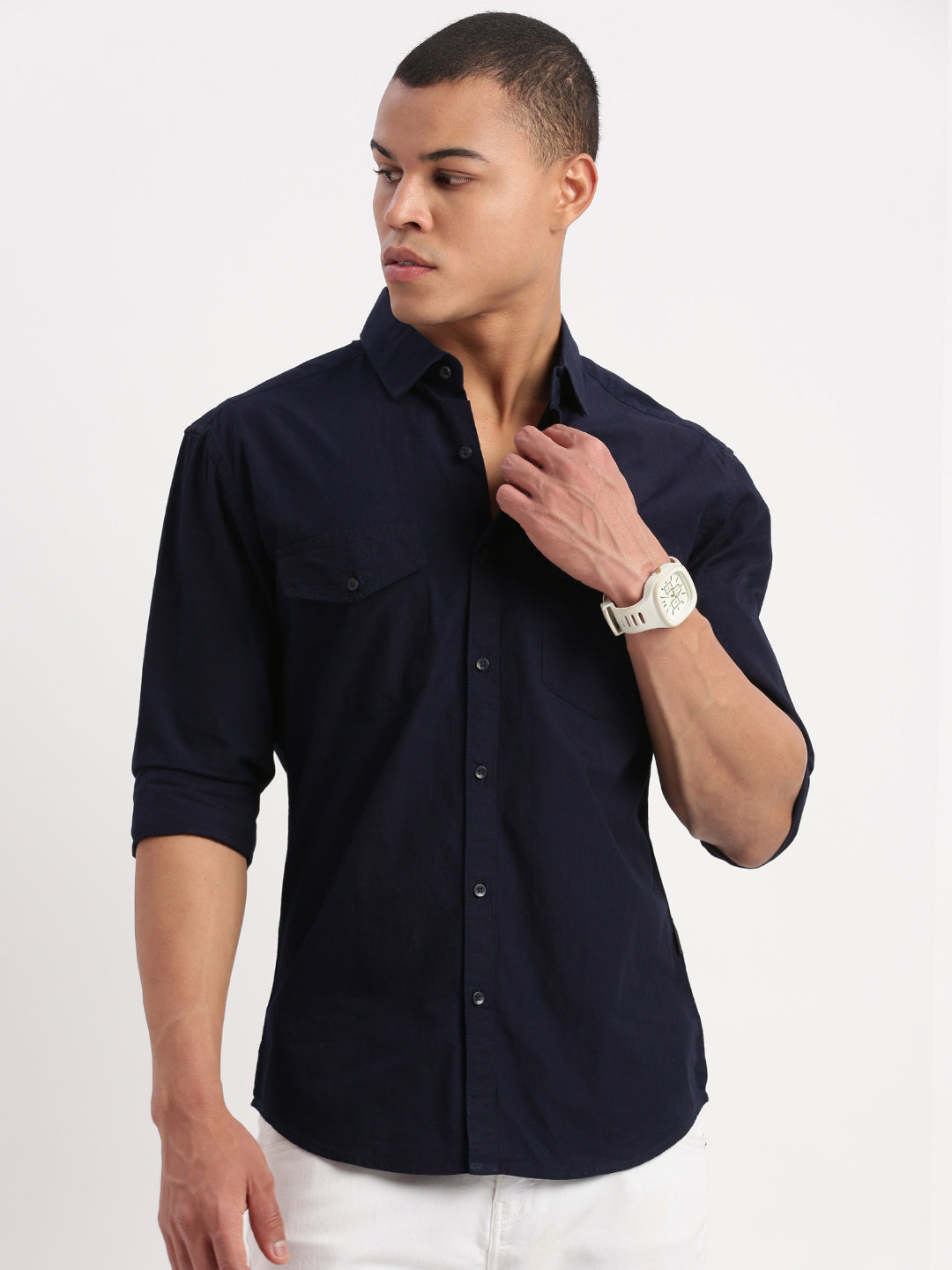 Men Solid Navy Blue Shirt