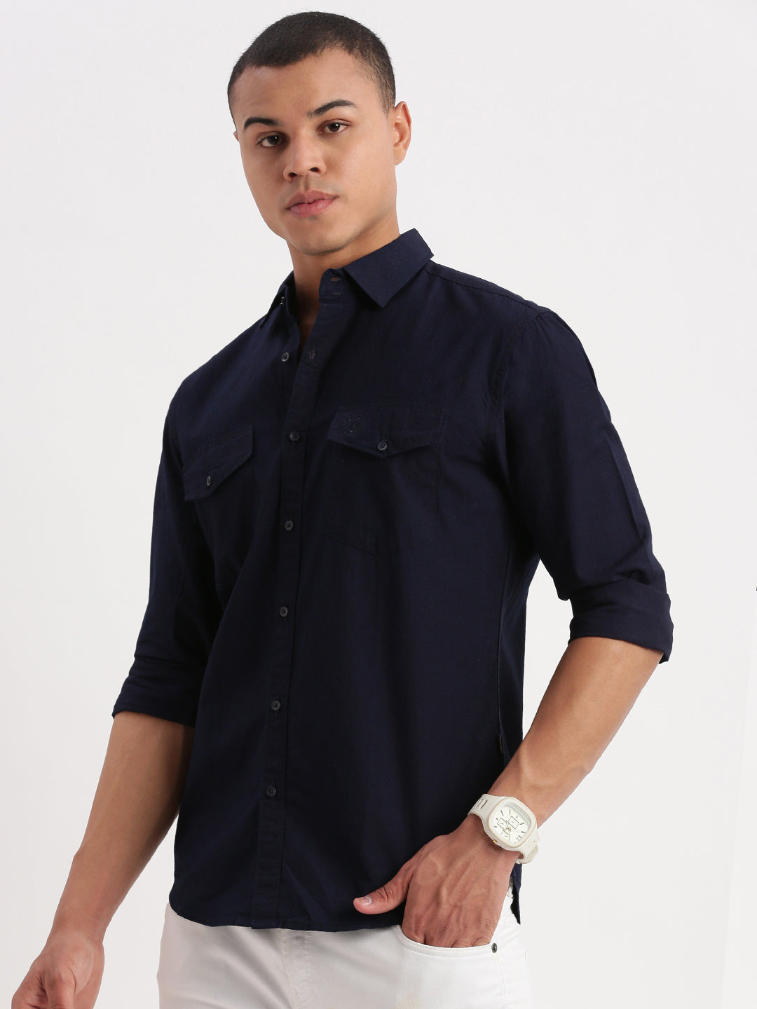 Men Solid Navy Blue Shirt