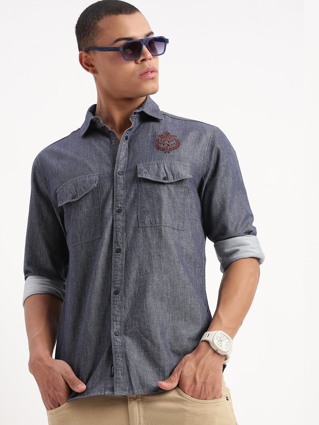 Men Solid Navy Blue Shirt