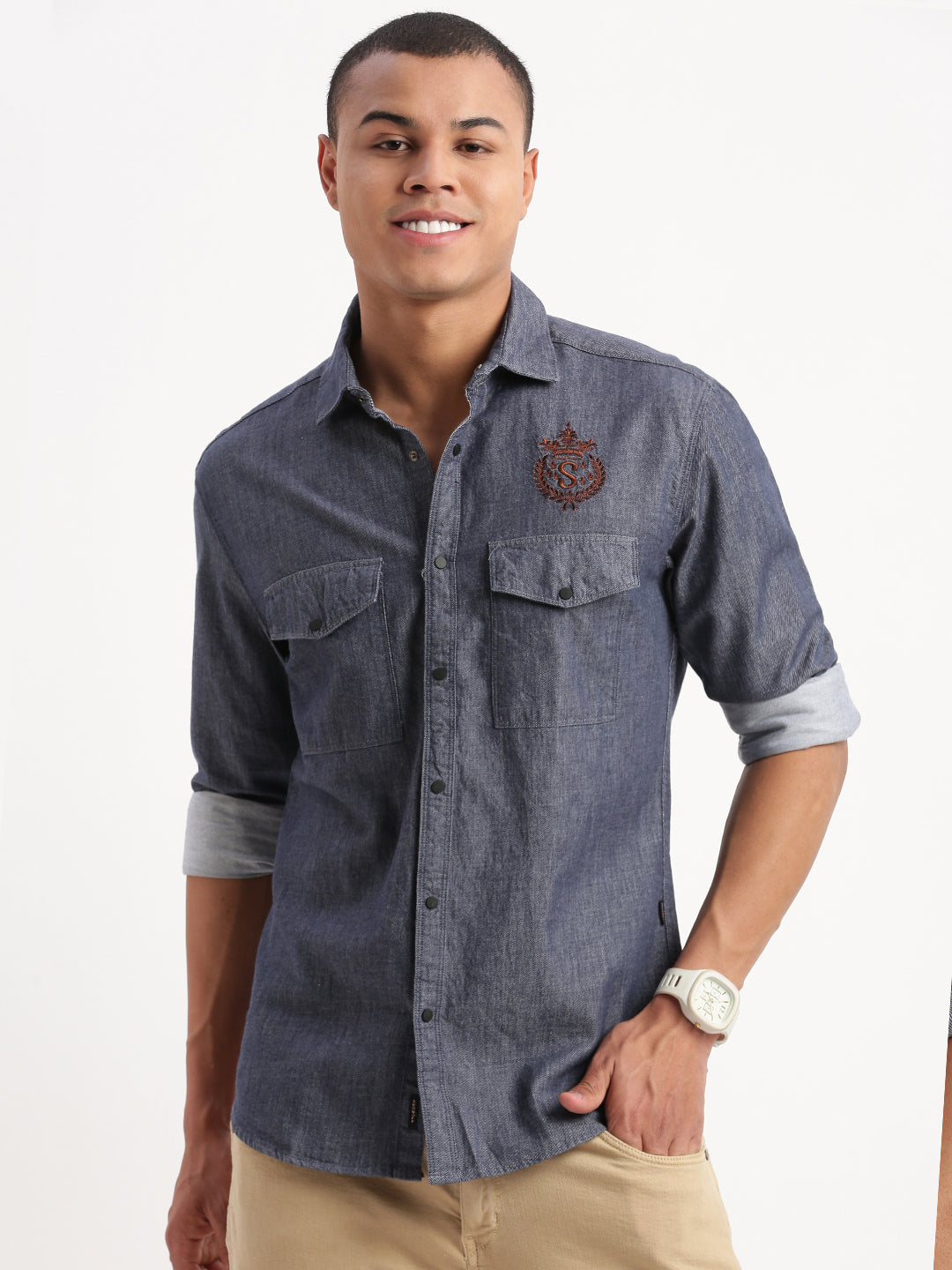 Men Solid Navy Blue Shirt