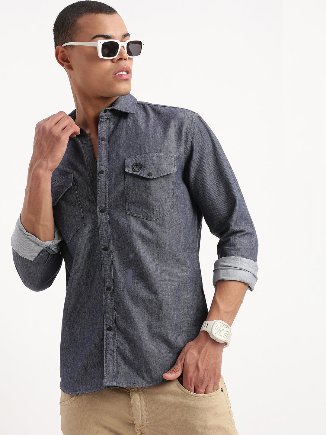 Men Solid Navy Blue Shirt